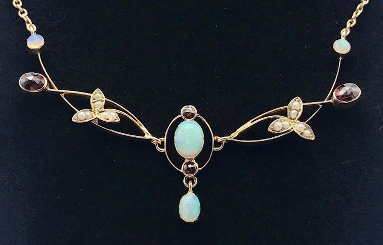 Beautiful 9ct Rose Gold Edwardian Opal, Pearl & Garnet Necklace