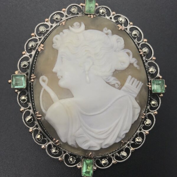 Antique Silver, 9ct Rose Gold and Emerald Cameo Brooch