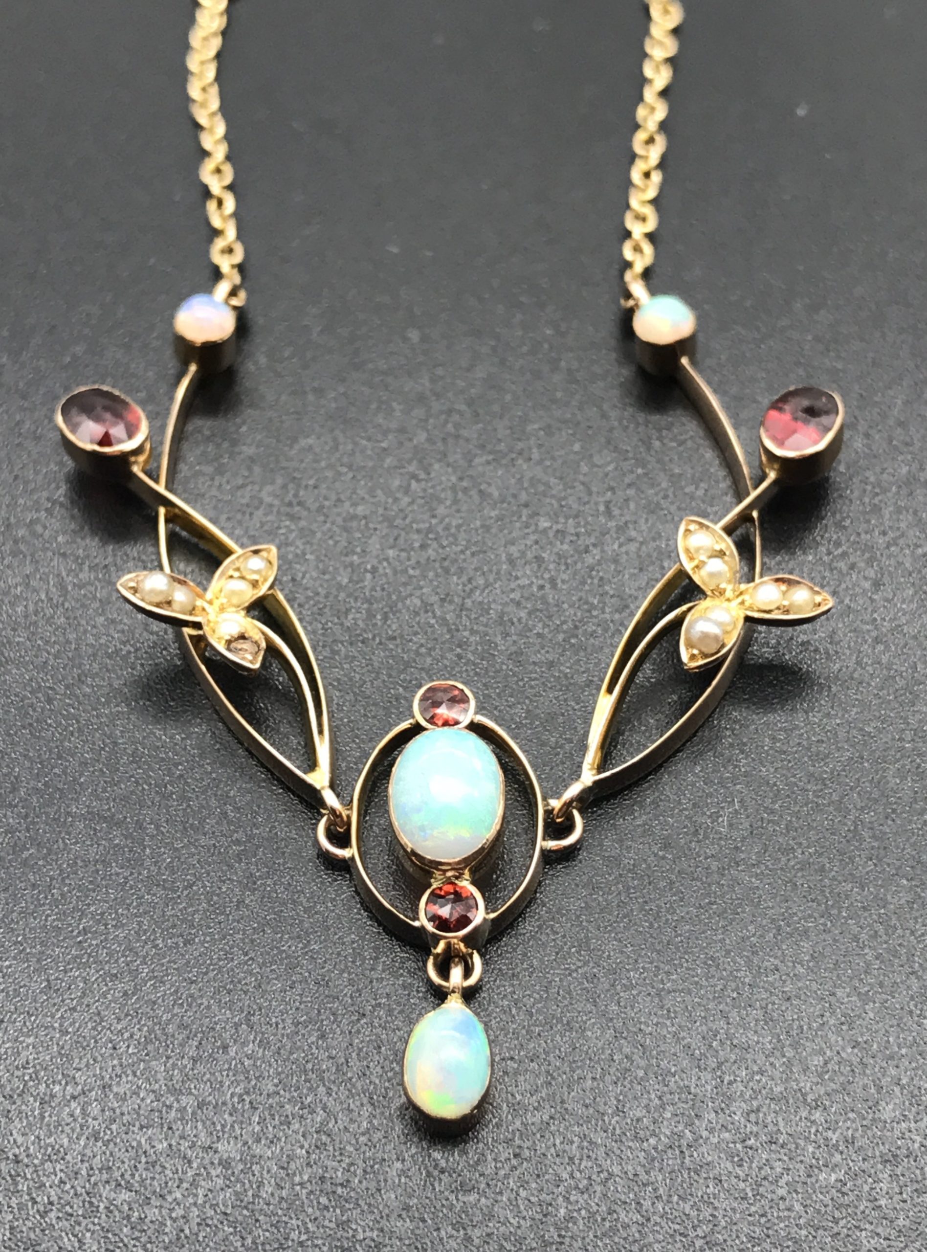 Beautiful 9ct Rose Gold Edwardian Opal, Pearl & Garnet Necklace