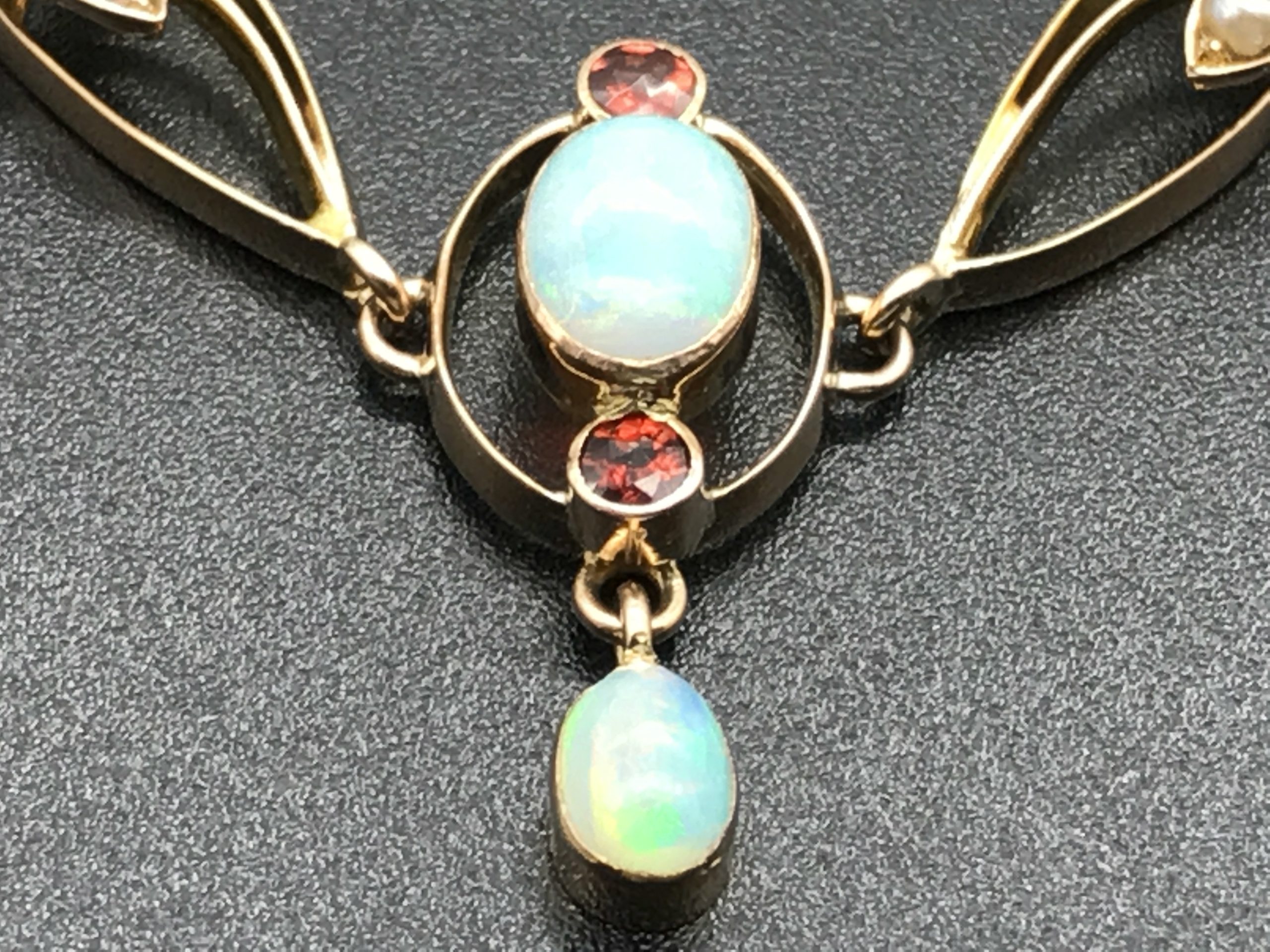 Beautiful 9ct Rose Gold Edwardian Opal, Pearl & Garnet Necklace