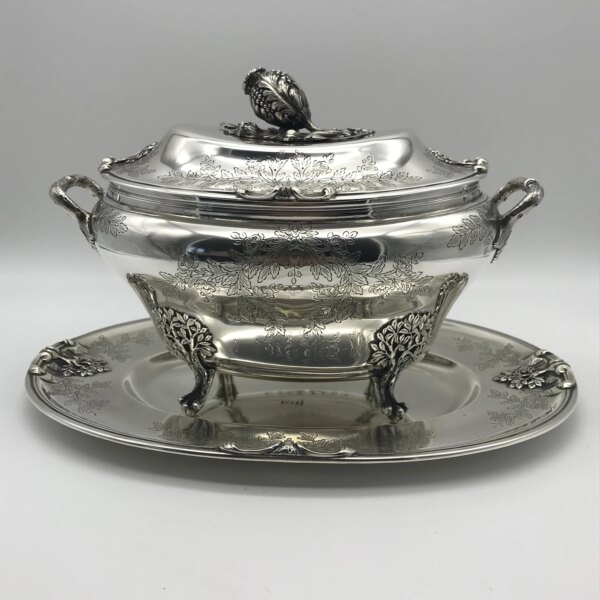 Exceptional, Superb Quality, Large Solid Silver Tureen with Cover on Stand