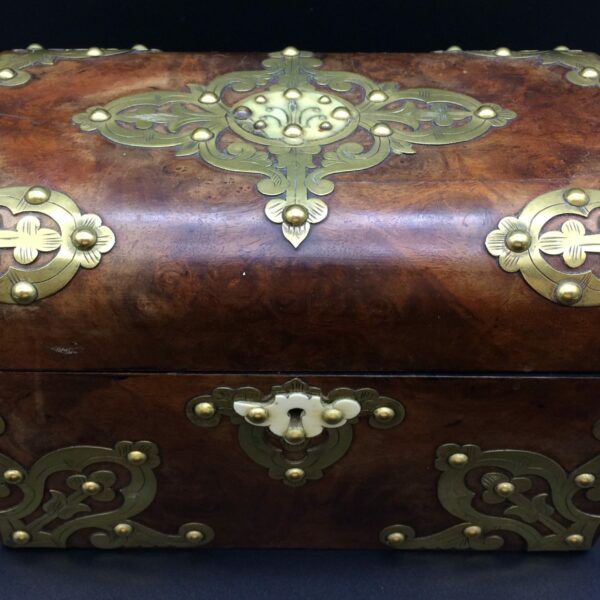 Antique Walnut Burr Veneer and Brass Dome Top Box