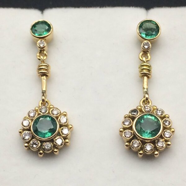 Elegant 18ct Yellow Gold, Diamond & Emerald Earrings