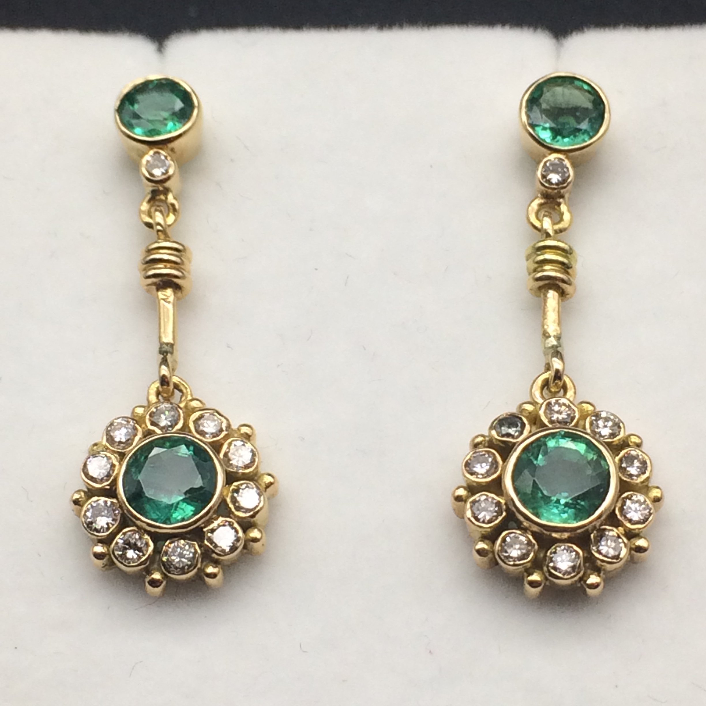 Elegant 18ct Yellow Gold, Diamond & Emerald Earrings