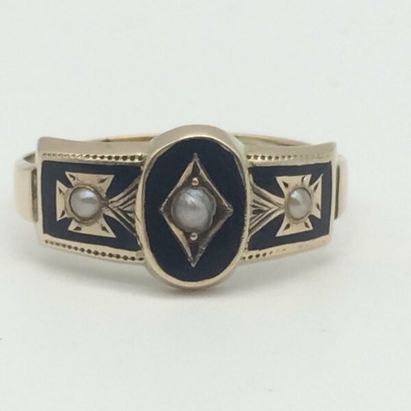 Victorian Rose Gold, Pearl & Enamel Mourning Ring