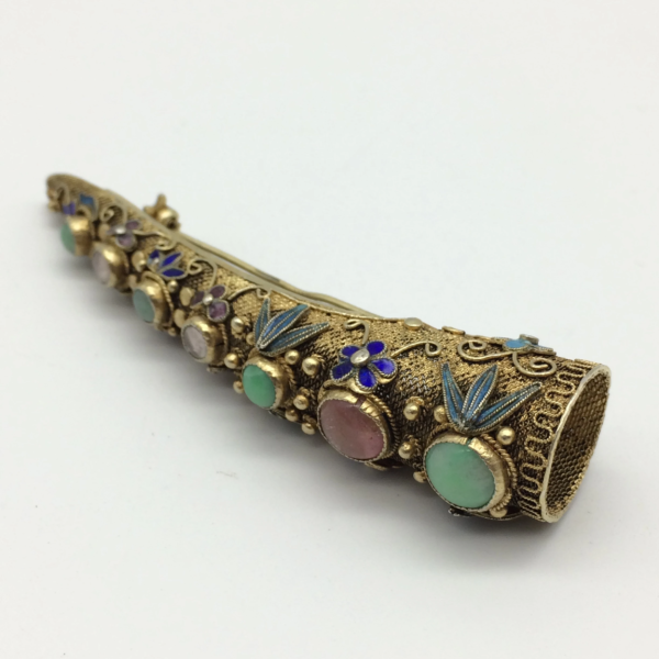 Antique Chinese Silver, Enamel & Gemstone ‘Nail Protector’ Brooch