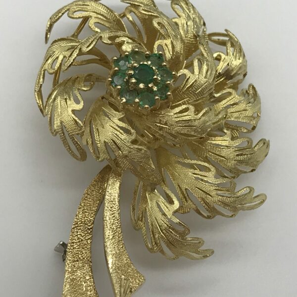 Unusual Vintage 18ct Gold & Emerald Brooch