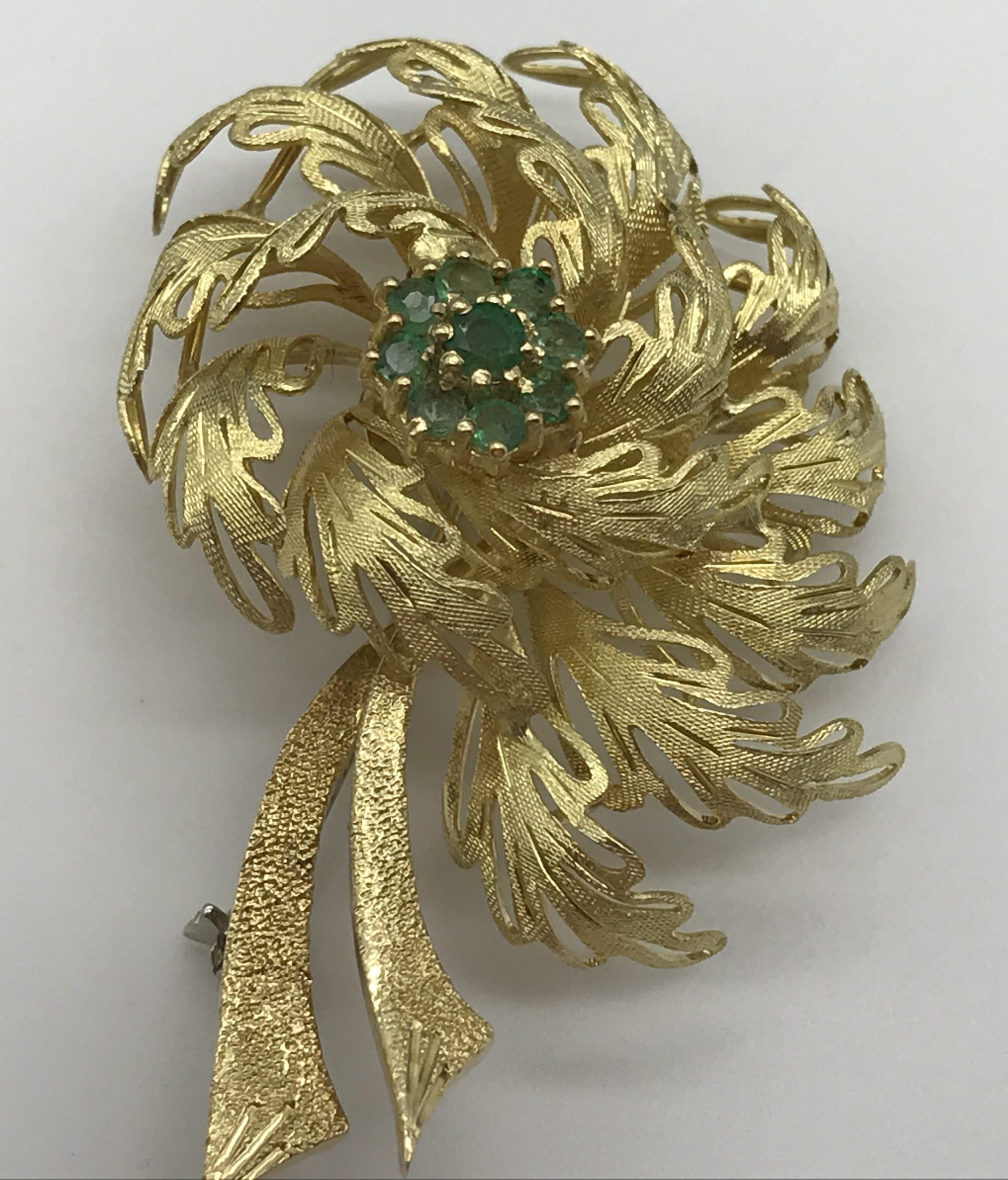Unusual Vintage 18ct Gold & Emerald Brooch