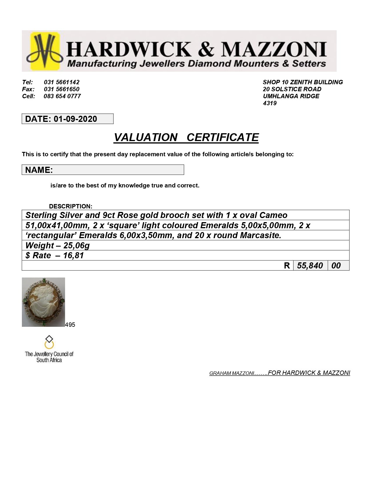 Antique Silver, 9ct Rose Gold and Emerald Cameo Brooch