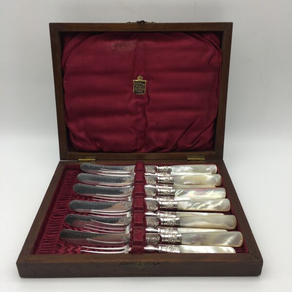 Antique Mother-of-Pearl & Silver-Plate Dessert or Fruit Set (Cased)