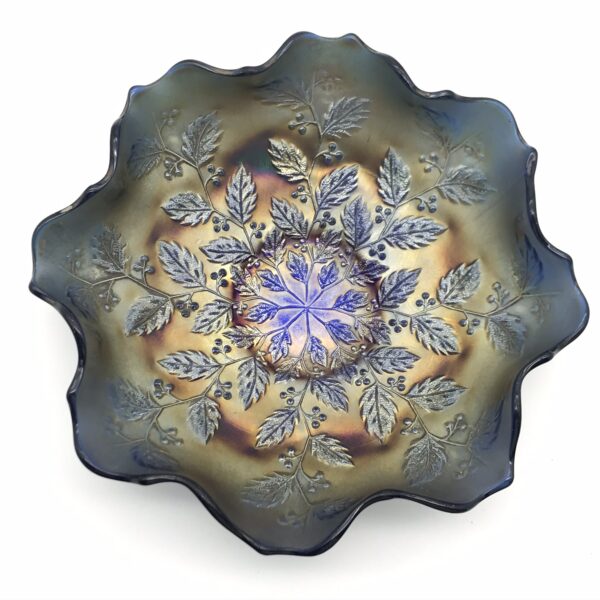 Antique ‘Holly & Berry’ Blue Carnival Glass Bowl