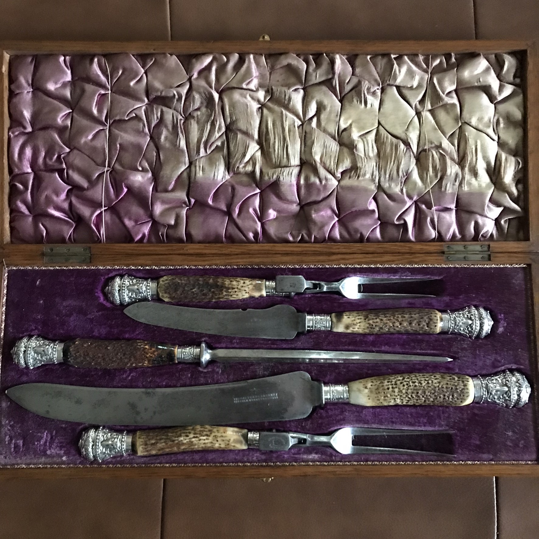 Wonderful Antique Oak Cased Silver & Horn Carving Set (Military Issue) - Image 3