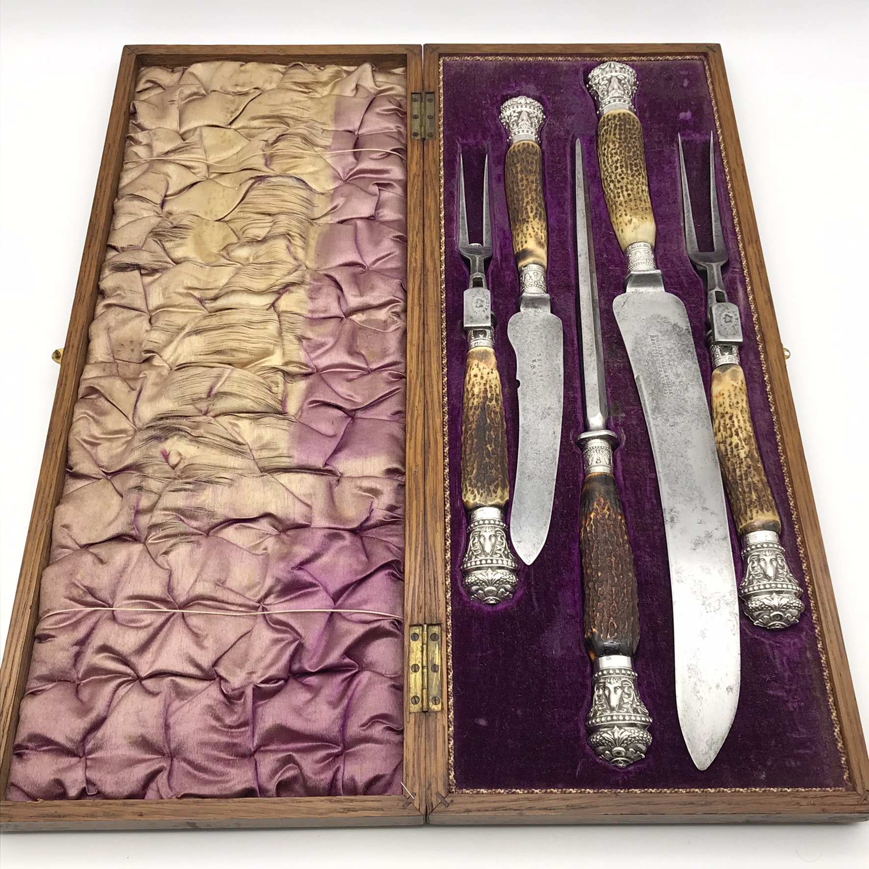 Wonderful Antique Oak Cased Silver & Horn Carving Set (Military Issue)