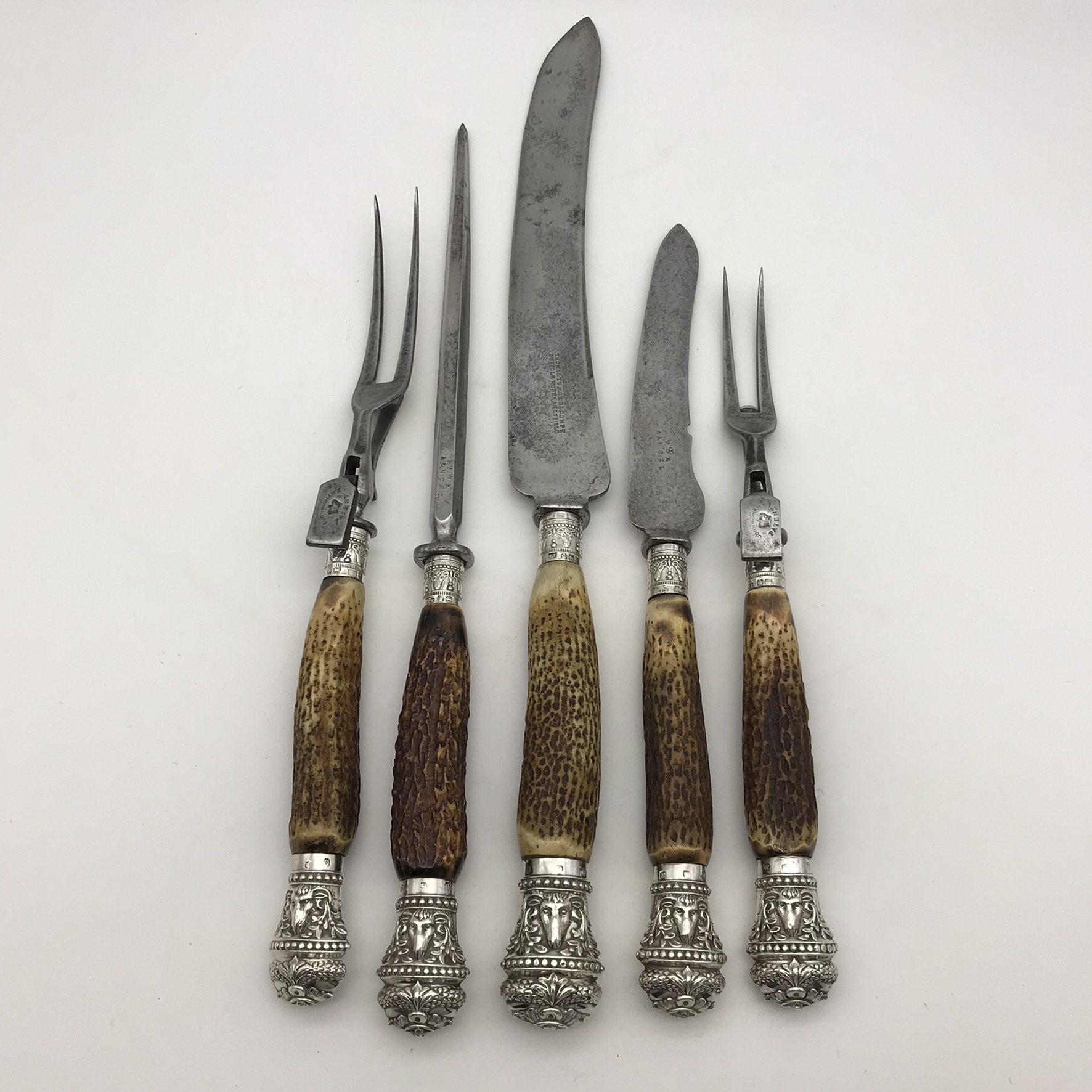 Wonderful Antique Oak Cased Silver & Horn Carving Set (Military Issue) - Image 4