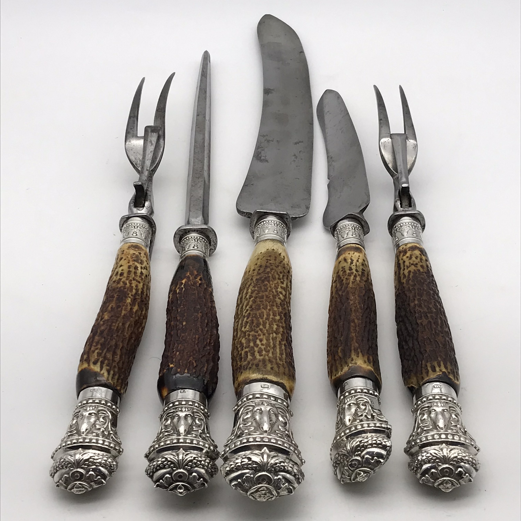 Wonderful Antique Oak Cased Silver & Horn Carving Set (Military Issue) - Image 12