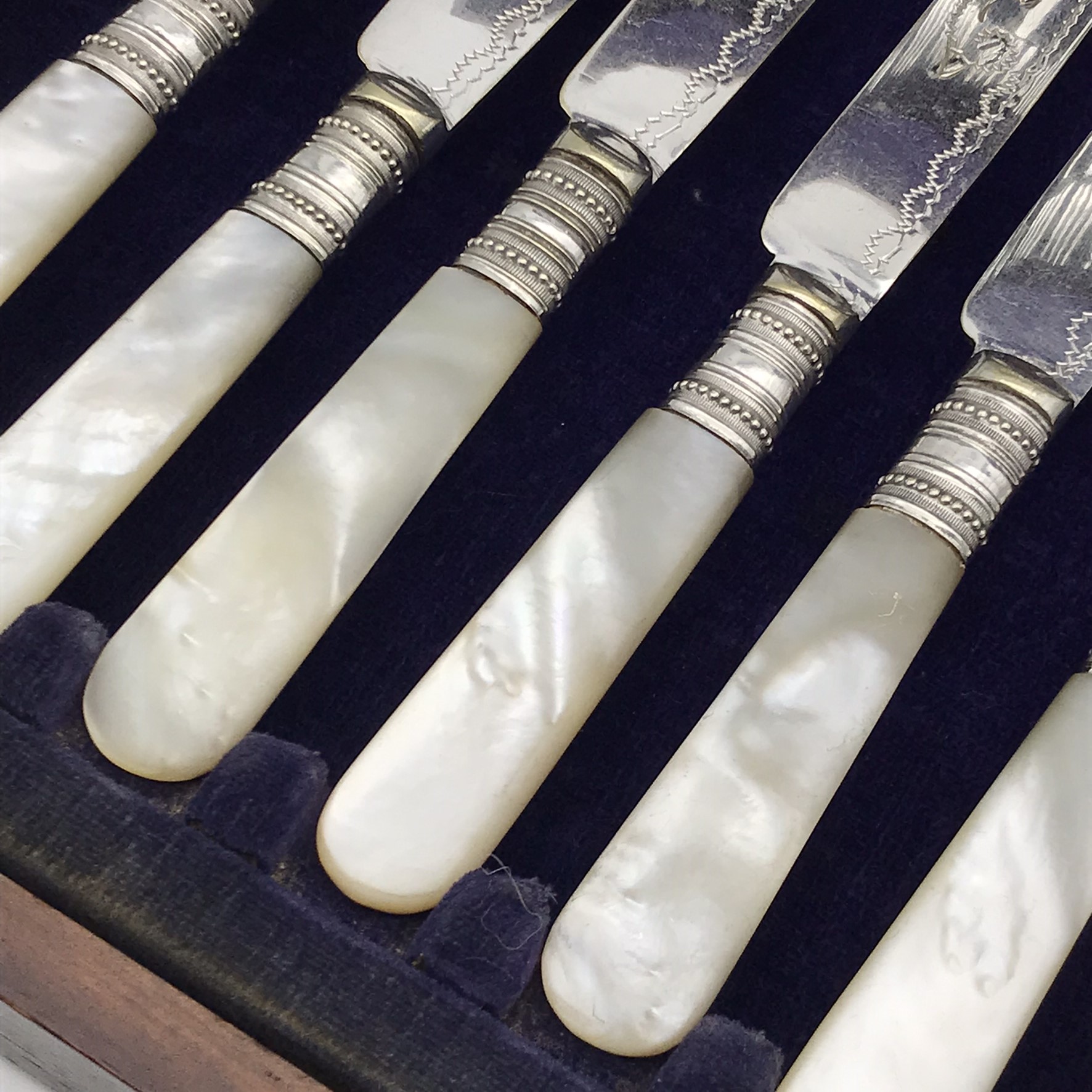 Antique Mother-of-Pearl Handled Dessert Knives & Forks (Cased) - Image 7