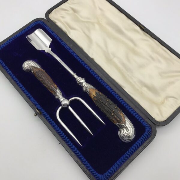 Victorian Silver & Horn Stilton Cheese Scoop & Fork (Cased)