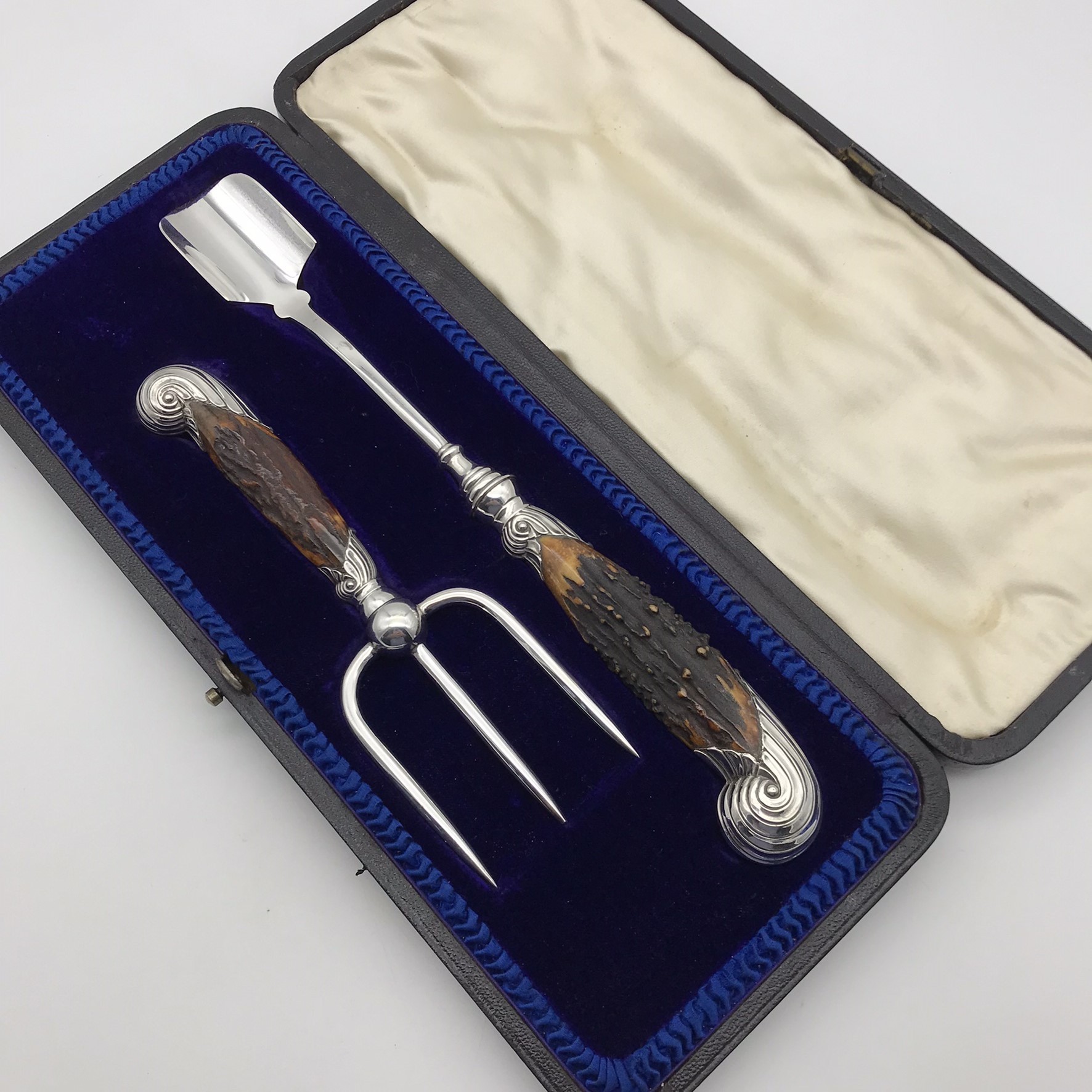 Victorian Silver & Horn Stilton Cheese Scoop & Fork (Cased)