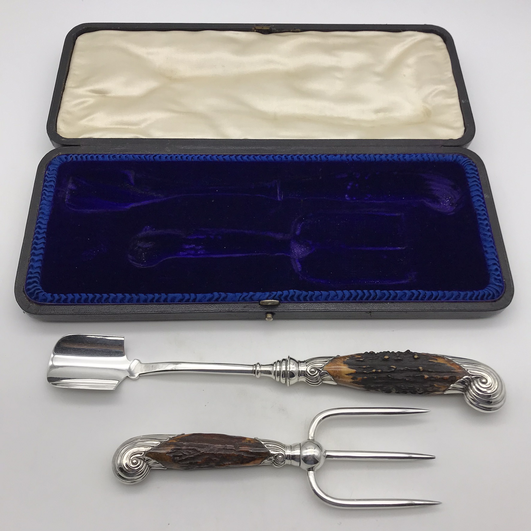 Victorian Silver & Horn Stilton Cheese Scoop & Fork (Cased) - Image 2