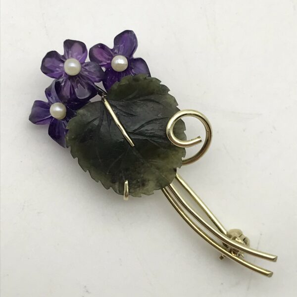 Vintage 14ct Gold, Amethyst & Jade Flower Brooch