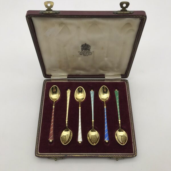 Six Boxed Danish Silver & Enamel Spoons (ELa - Denmark) (Asprey’s)