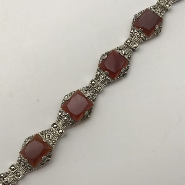 Attractive Art Deco Silver, Carnelian & Marcasite Bracelet