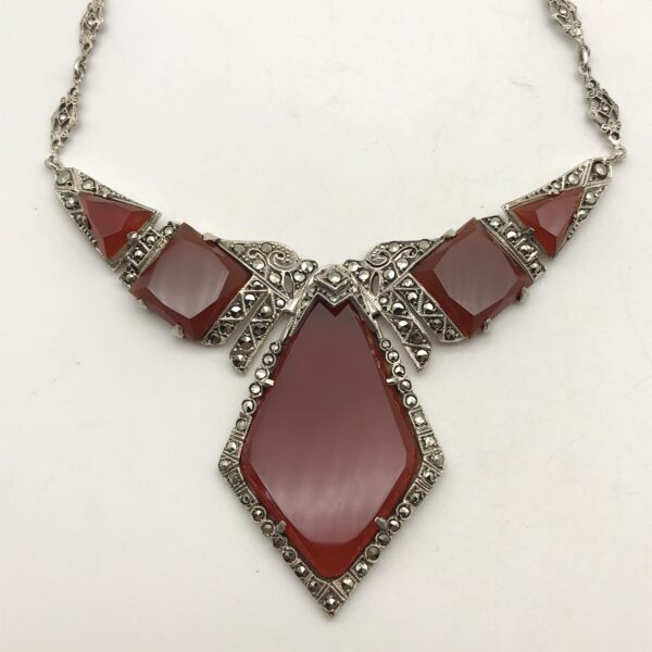 Striking Art Deco Silver, Carnelian & Marcasite Necklace