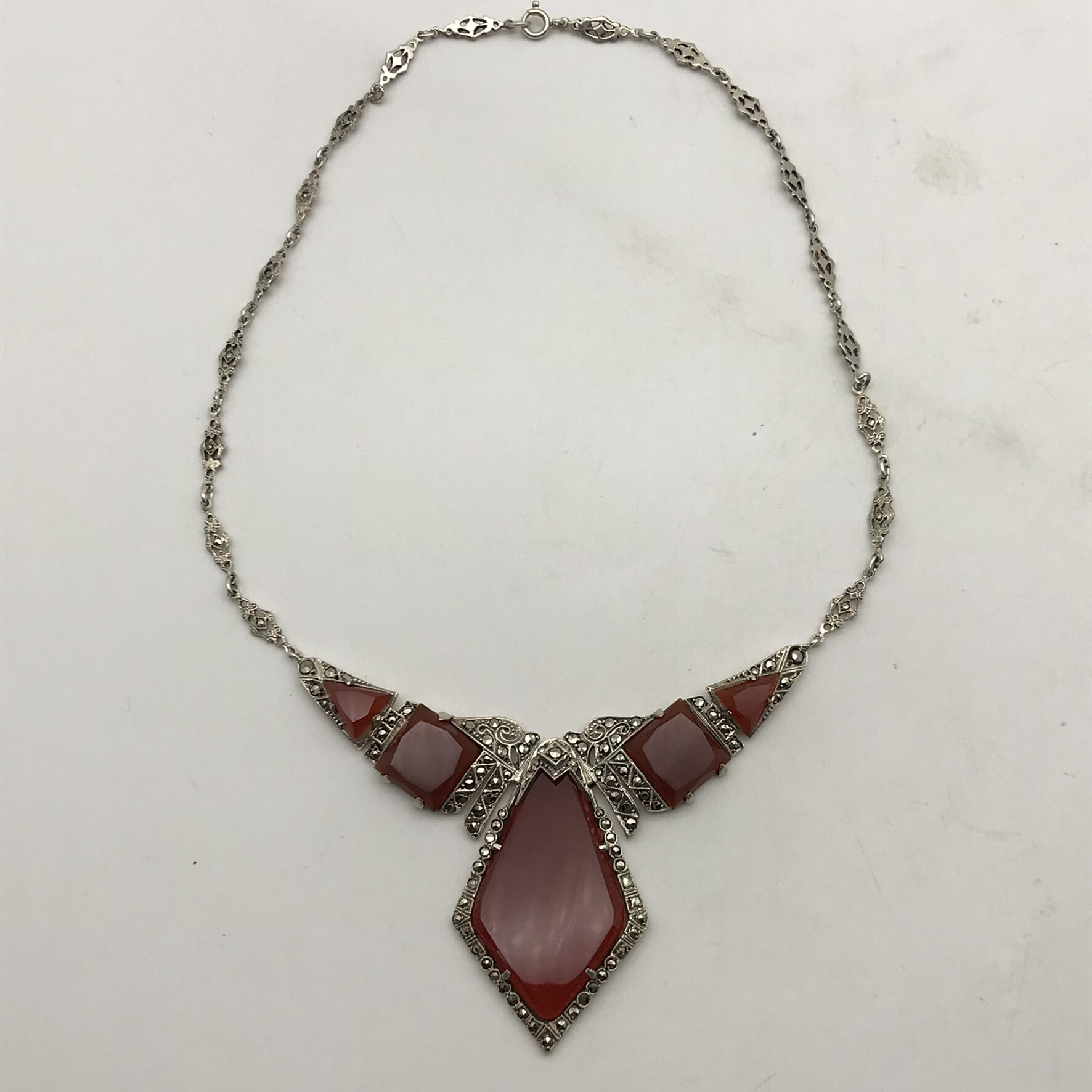 Striking Art Deco Silver, Carnelian & Marcasite Necklace - Image 2