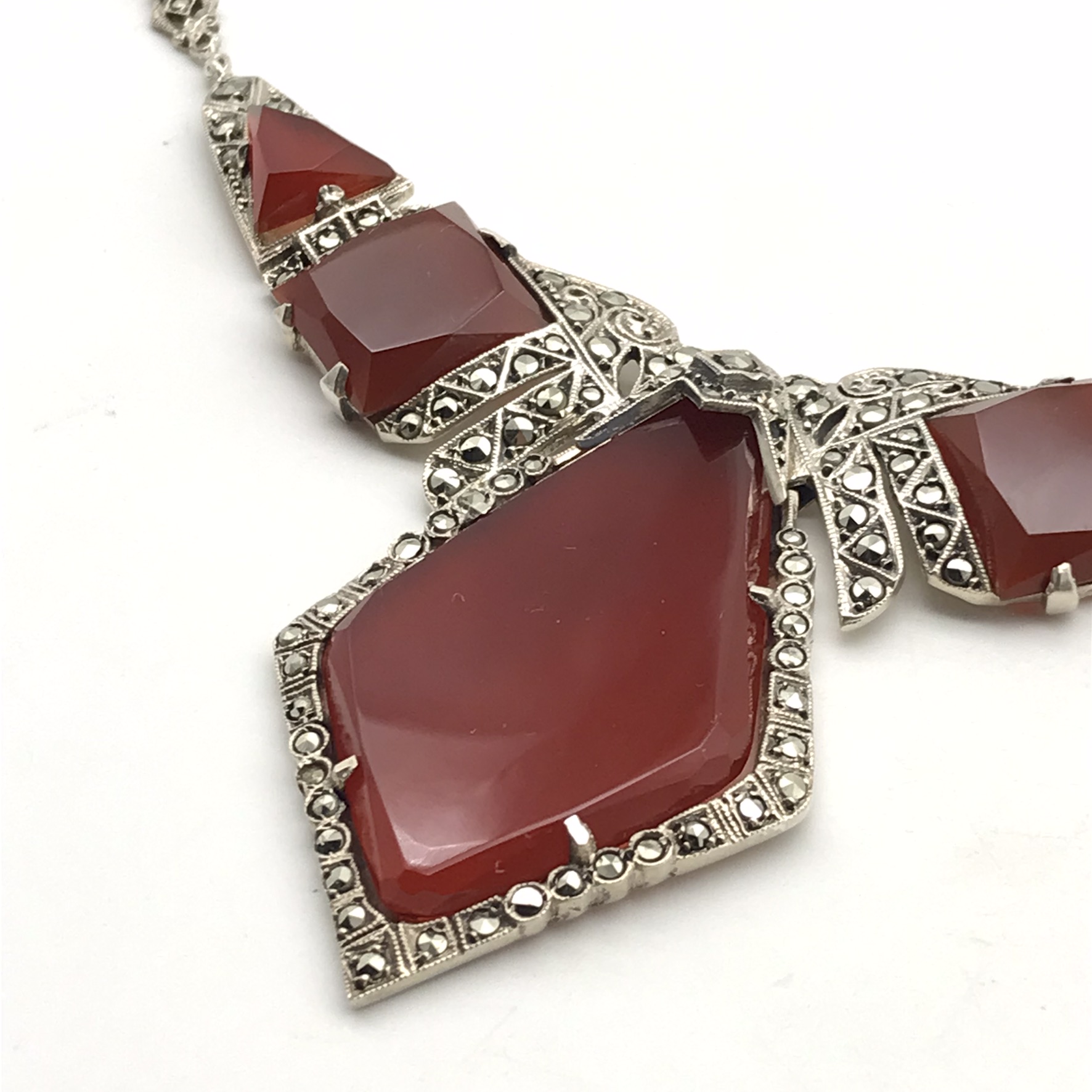 Striking Art Deco Silver, Carnelian & Marcasite Necklace - Image 3