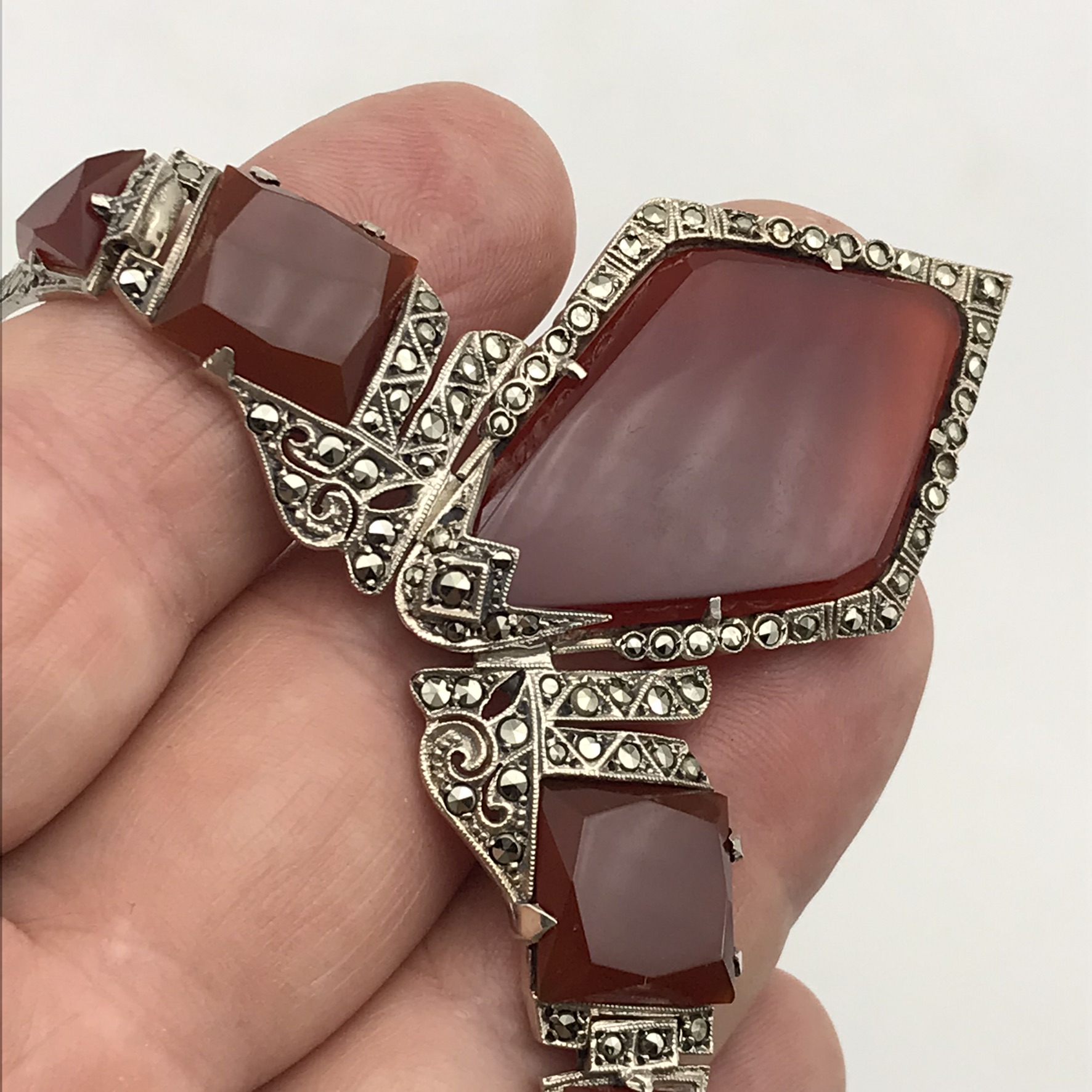 Striking Art Deco Silver, Carnelian & Marcasite Necklace - Image 4