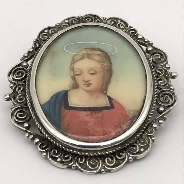 Vintage Miniature Silver, Hand-Painted Portrait Brooch