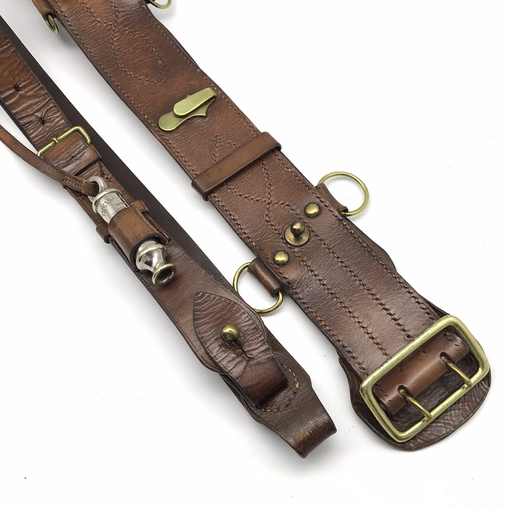 WW1 British Officers Leather Sam Browne Belt, Cross-Strap & Whistle