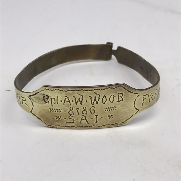 WW2 - POW/Trench Art Brass Bracelet (Cpl. A.W. WOOD)
