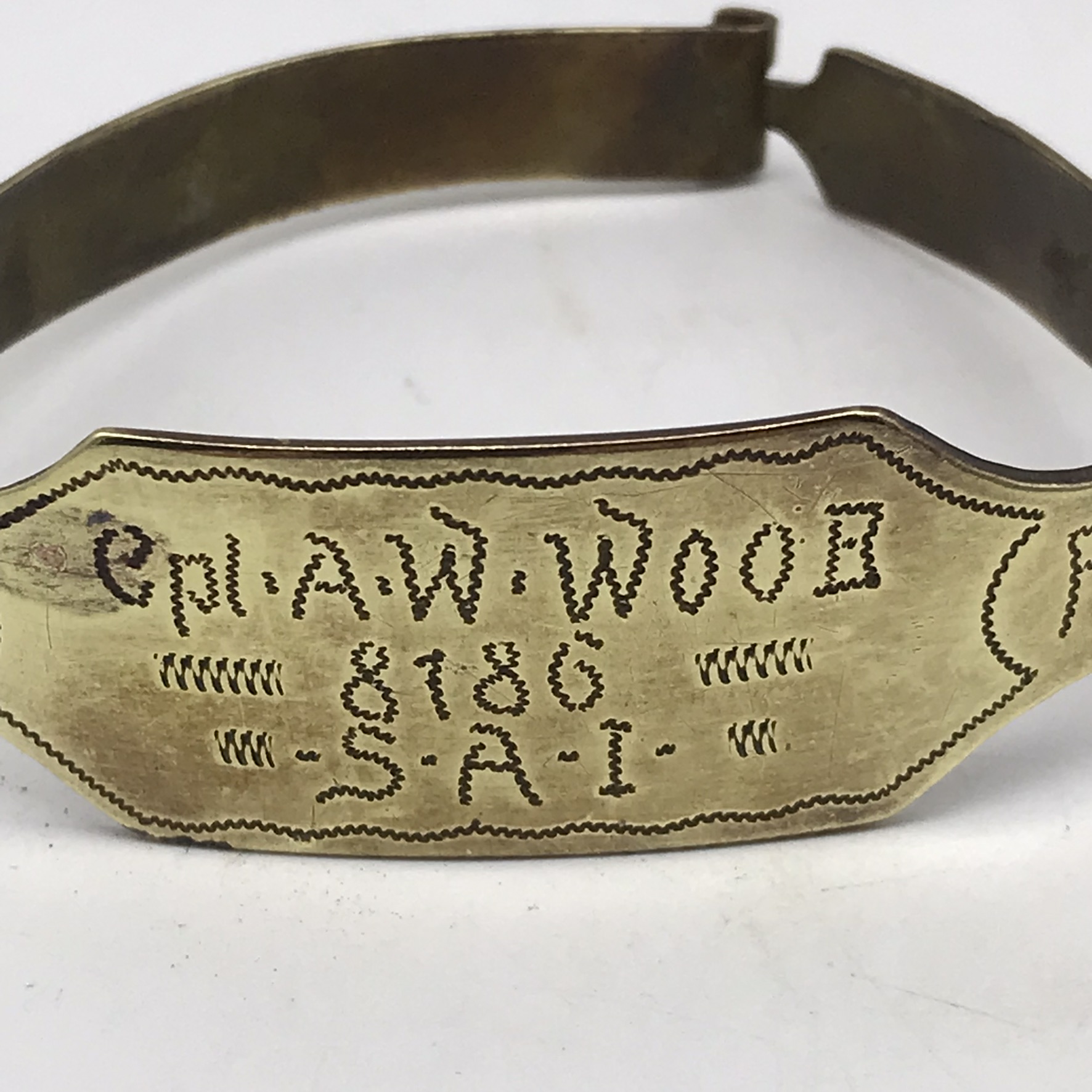 WW2 - POW/Trench Art Brass Bracelet (Cpl. A.W. WOOD) - Image 2