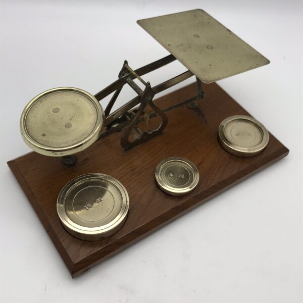 Large Early Brass & Wooden Postal Scale with Weights