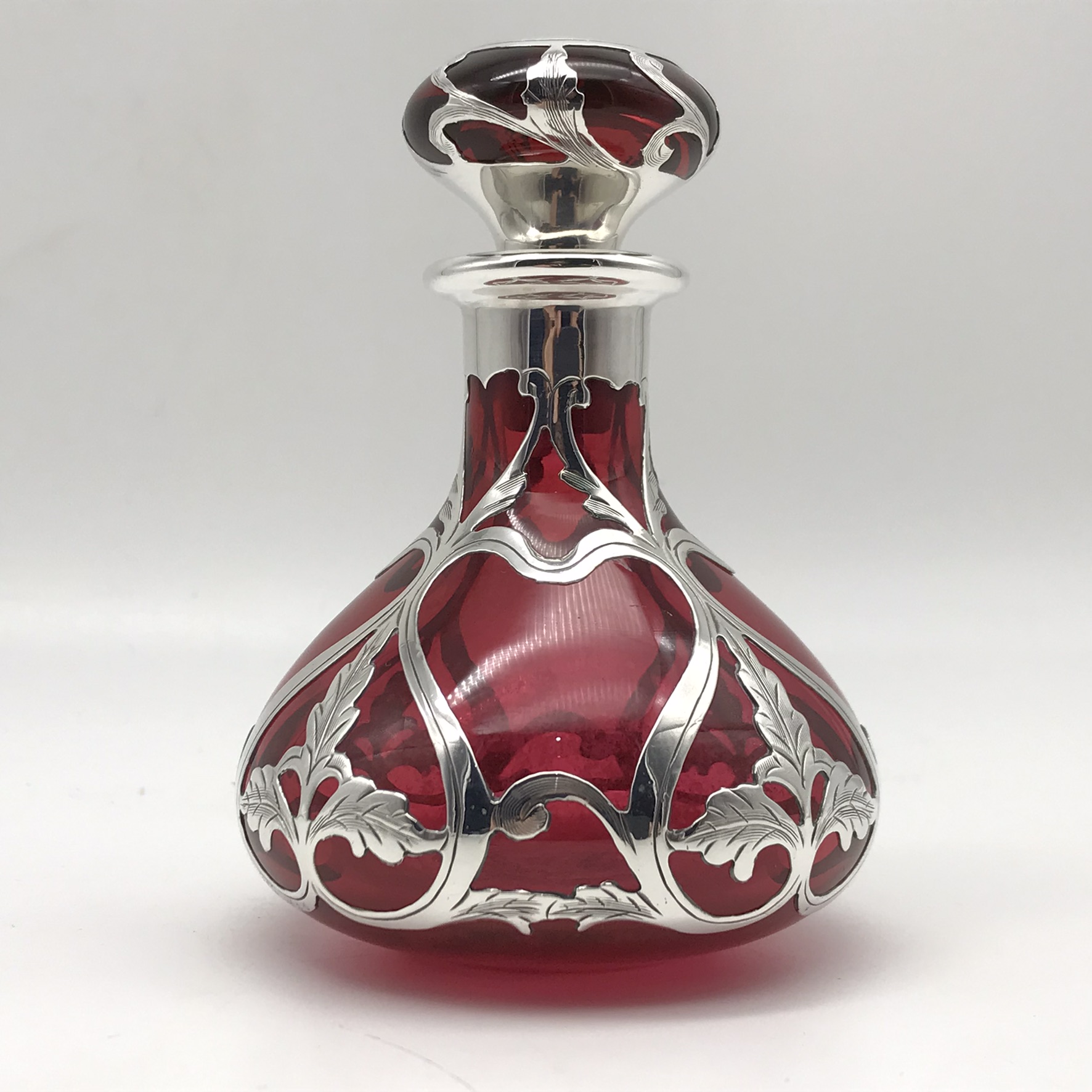Art Nouveau ‘Cranberry Glass & Gorham Silver’ Perfume Bottle