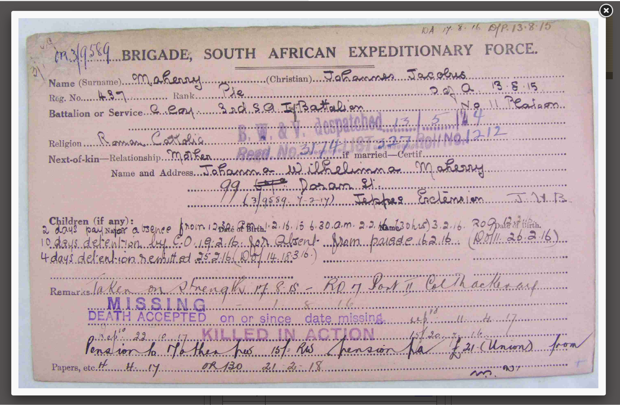 Natal 1906 Medal ‘J.J. Maherry’ (Natal Rangers) (K.I.A. Deville Wood) - Image 12