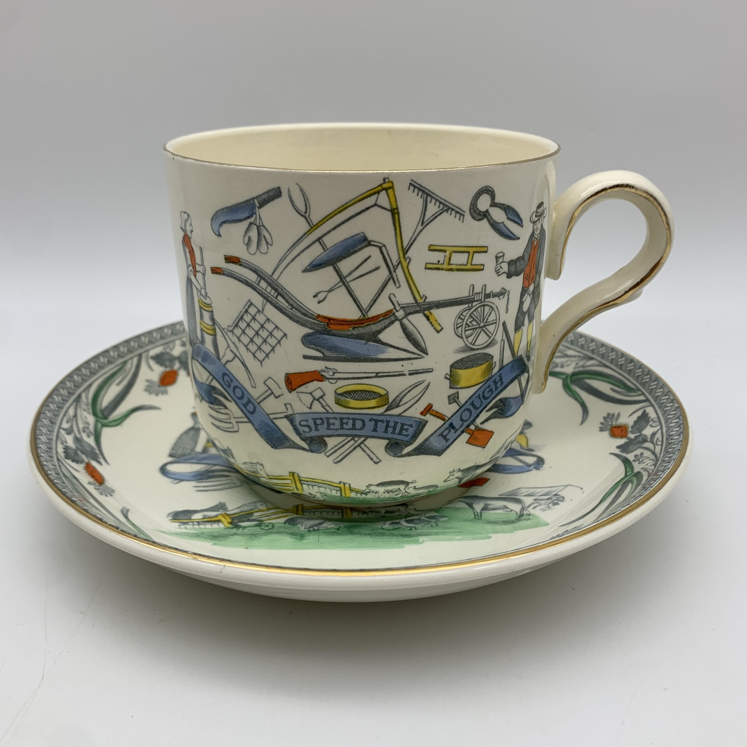 Large Antique ‘Farmers Arms’ Cider Mug & Saucer (Burgess & Leigh)