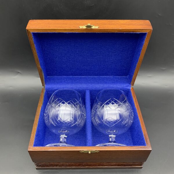 Pair Crystal ‘Brandy Balloon’ Glasses (Wooden Cased)