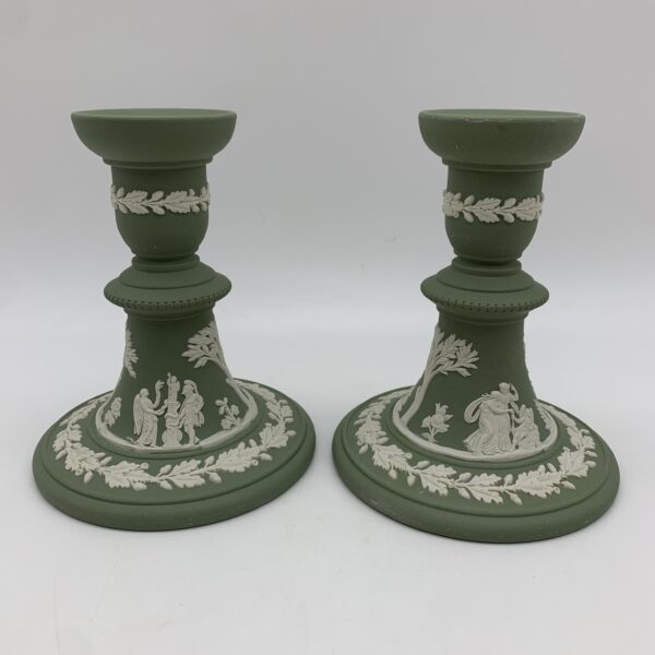 Lovely Green ‘Wedgwood’ Jasperware Candlesticks