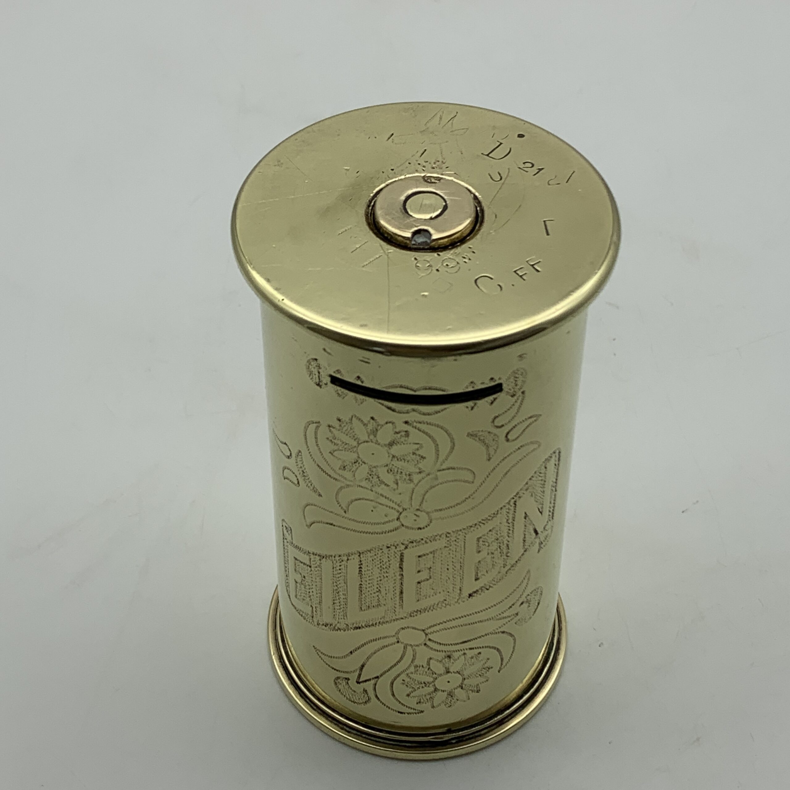 WW1 – POW/Trench Art ‘G. E. AFRICA’ Brass Shell Money Box - Image 3