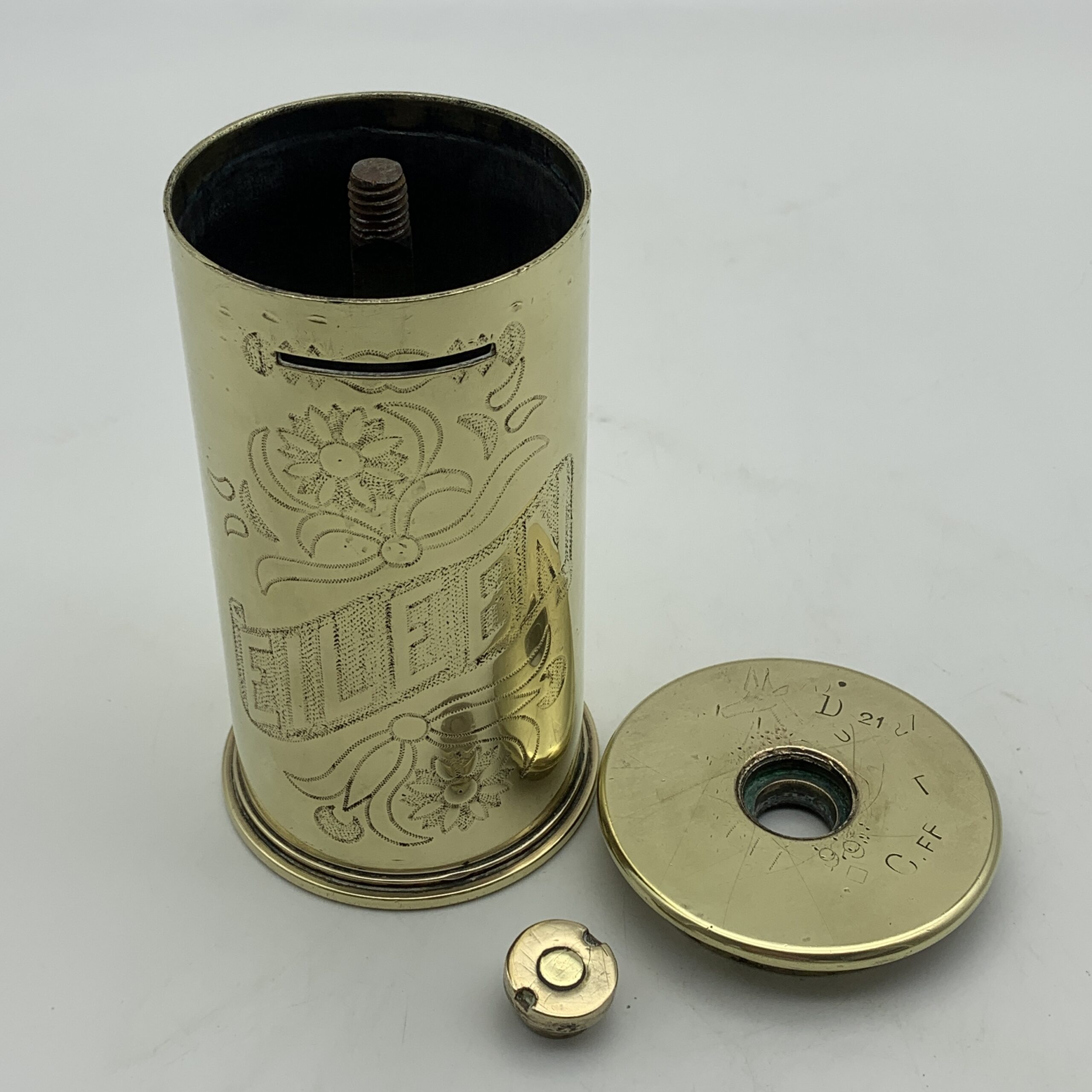 WW1 – POW/Trench Art ‘G. E. AFRICA’ Brass Shell Money Box - Image 5