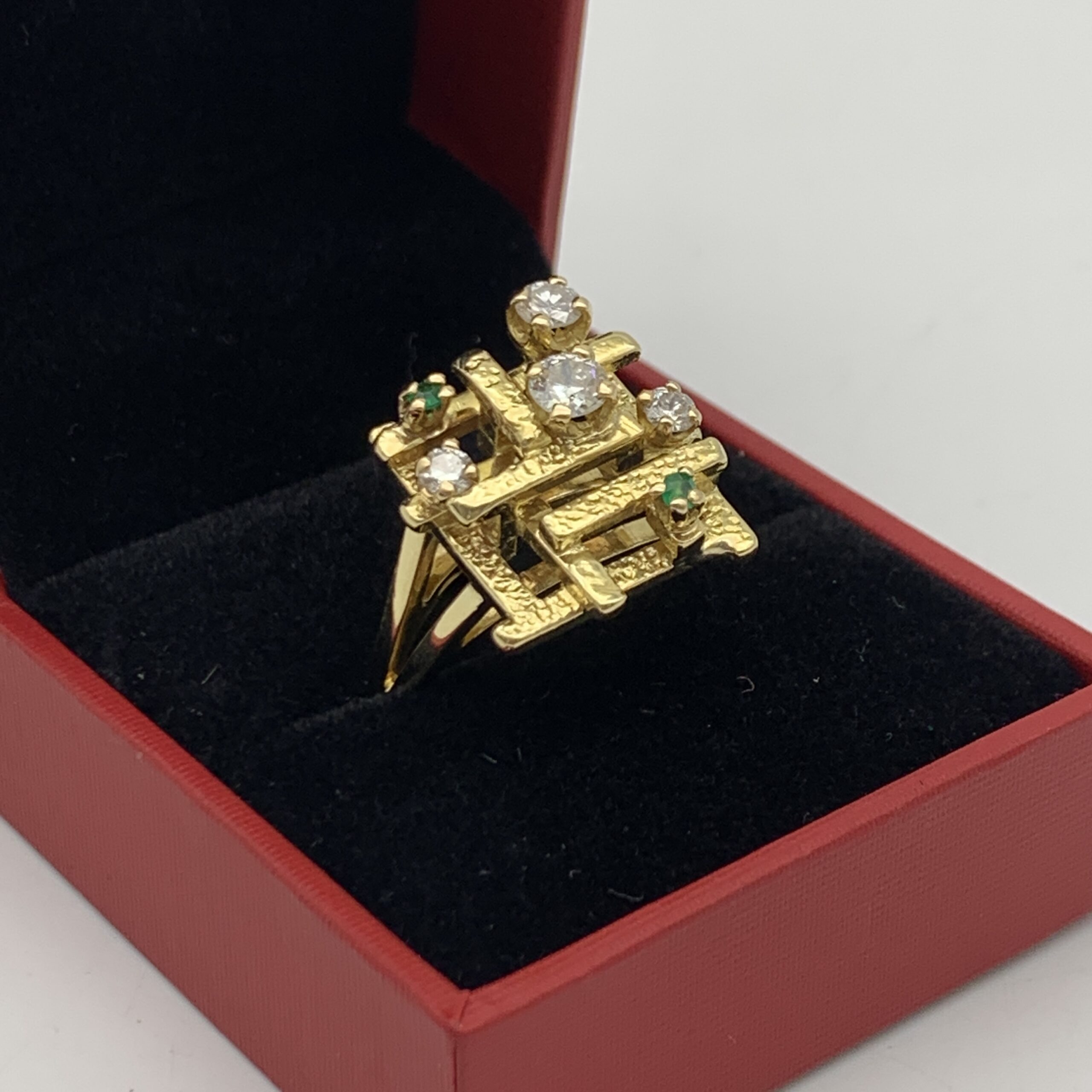 Abstract 18ct Gold, Diamond & Emerald Ring