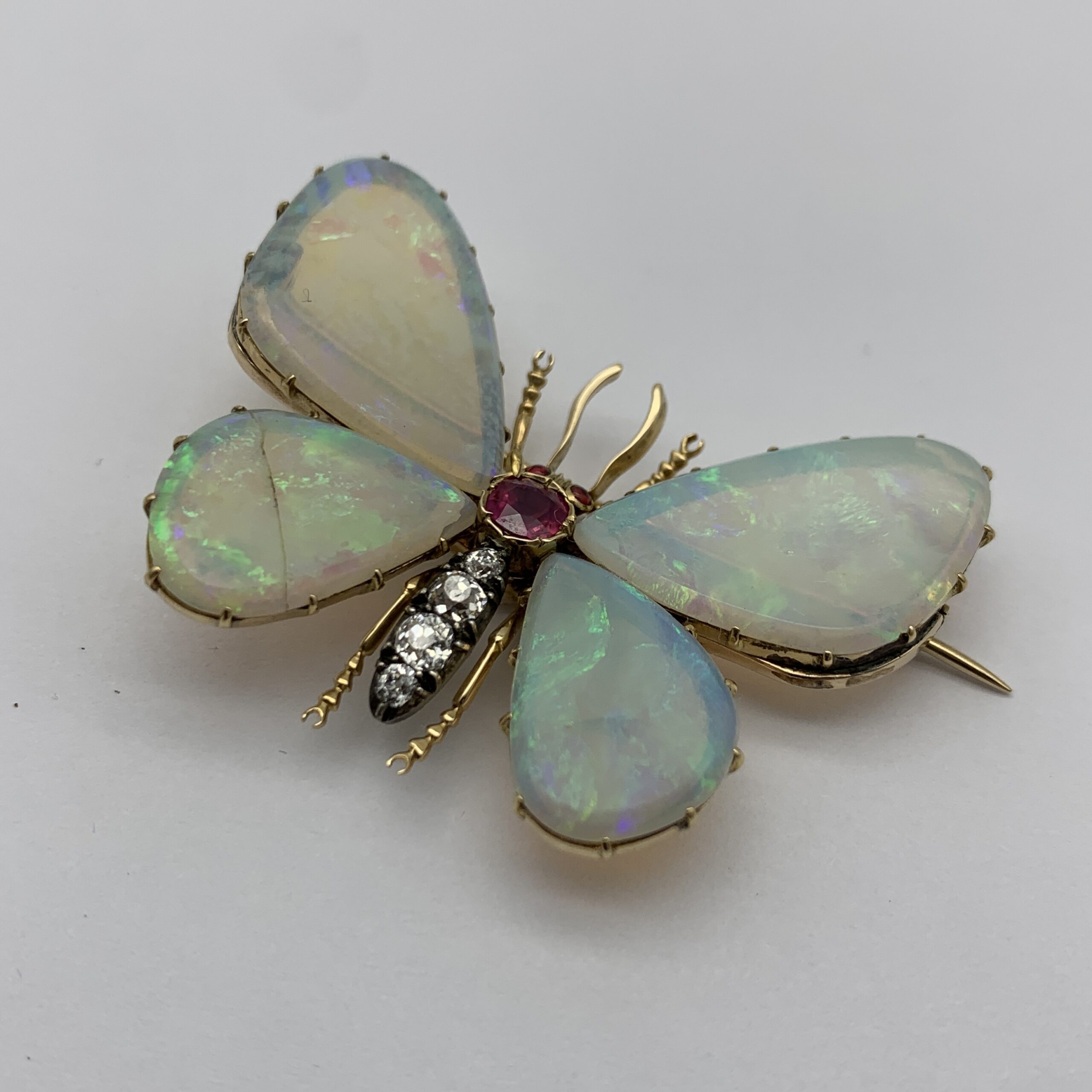 Victorian 14ct Gold, Opal, Diamond & Ruby ‘Butterfly’ Brooch - Image 6