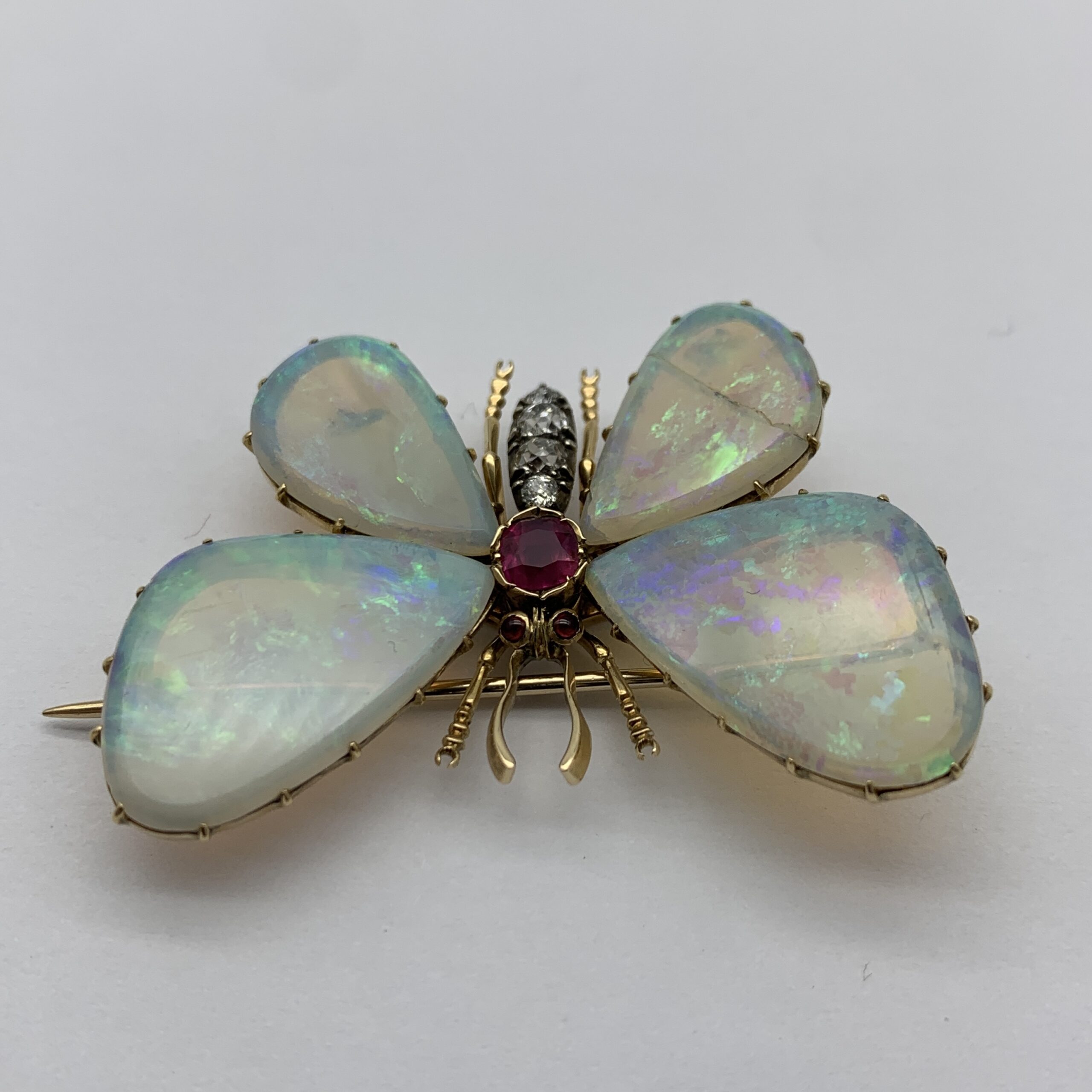 Victorian 14ct Gold, Opal, Diamond & Ruby ‘Butterfly’ Brooch - Image 7
