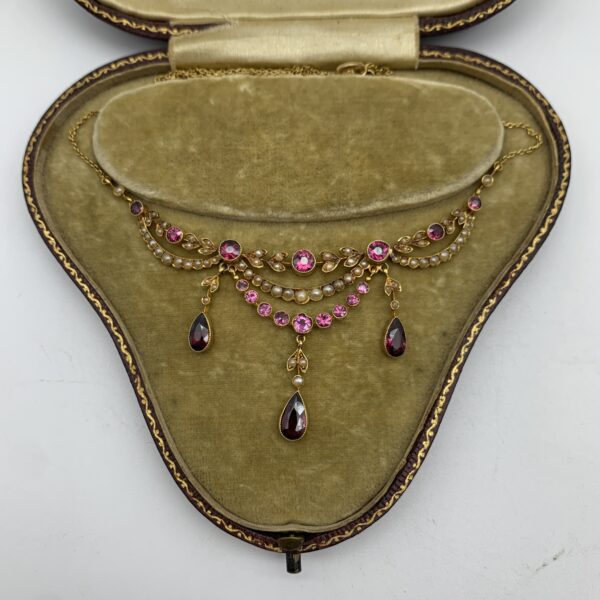 Antique Cased 14ct Gold, Garnet & Seed Pearl Necklace