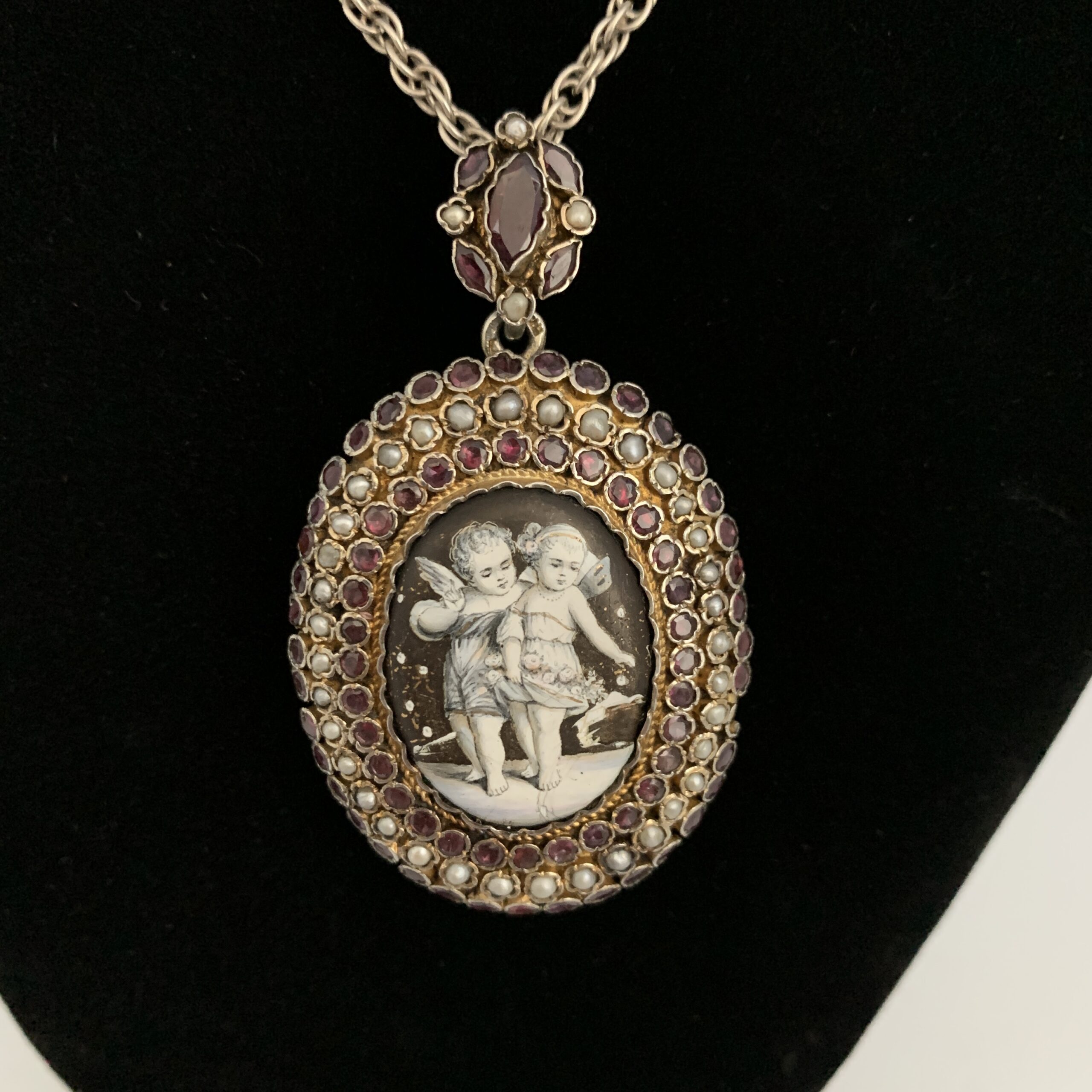 Victorian Silver, Sapphire, Pearl & Cherub Enamelled Locket