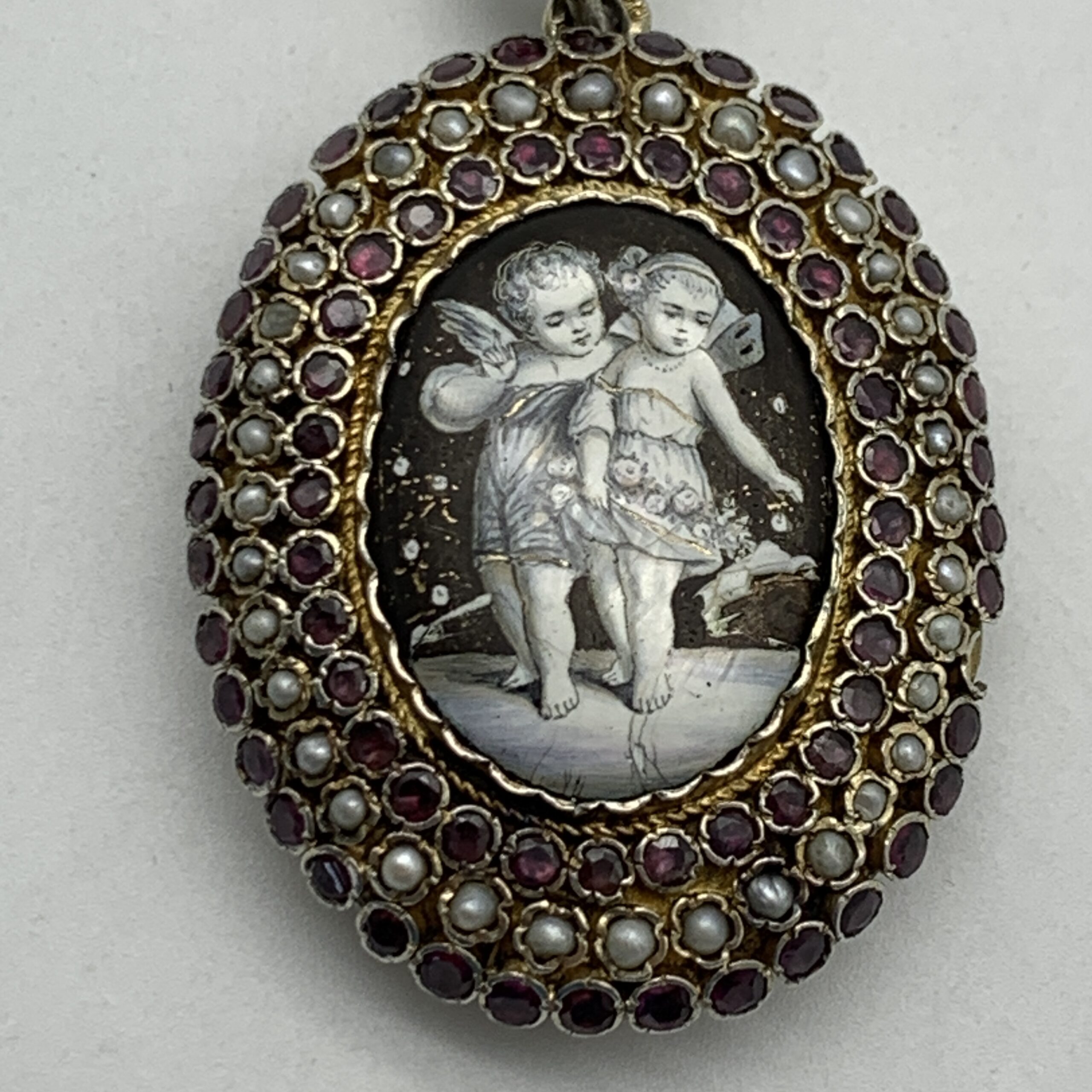 Victorian Silver, Sapphire, Pearl & Cherub Enamelled Locket - Image 5