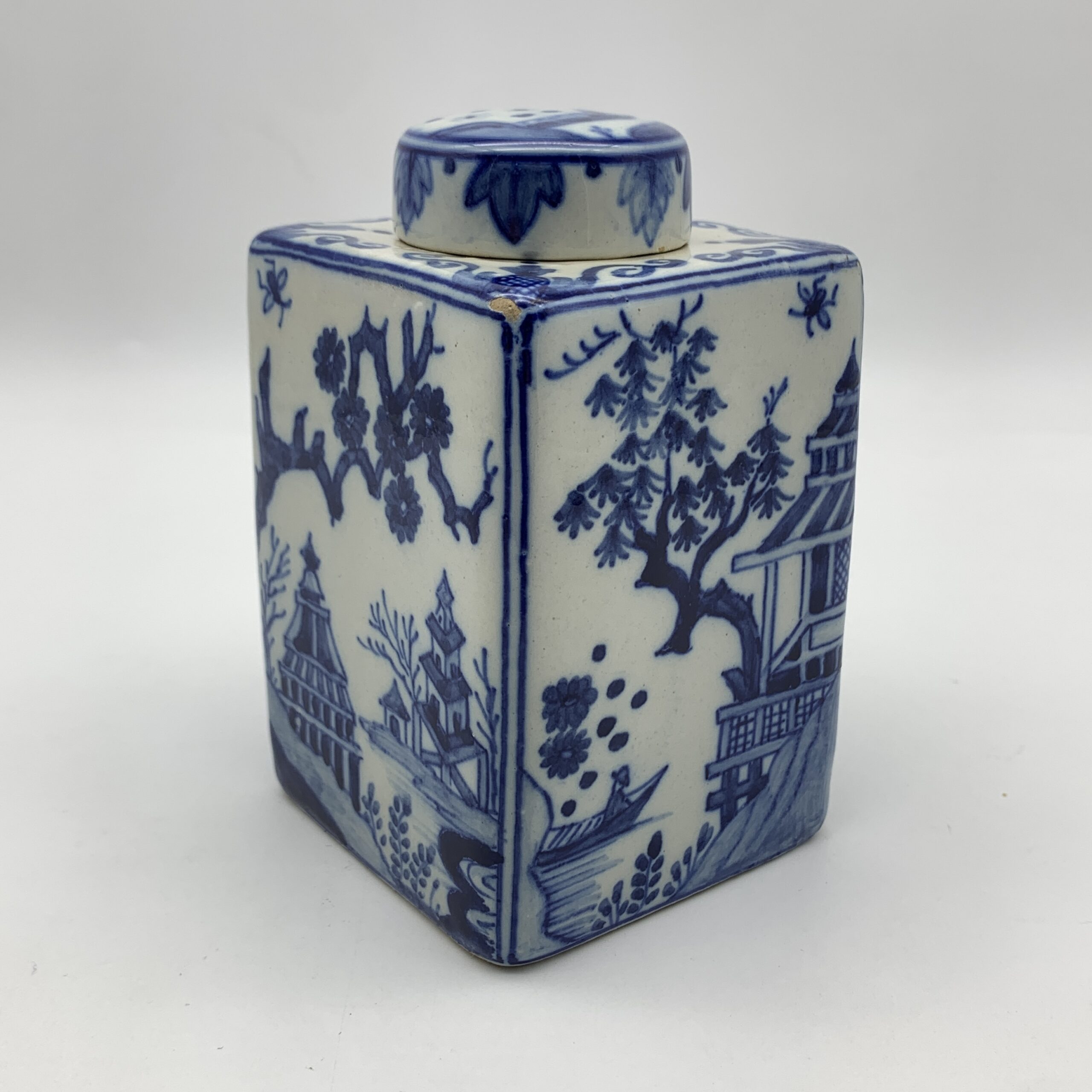 Antique Chinese Blue & White Tea Caddy (Signed)