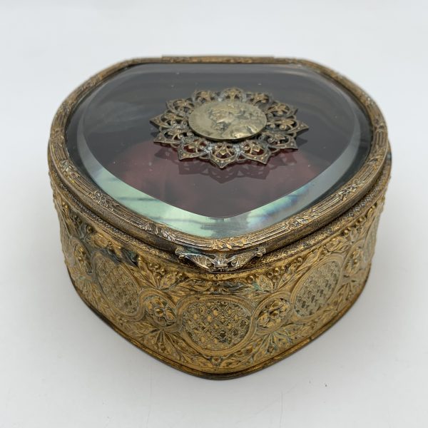 Antique French Bevelled Glass & Brass Jewellery Box
